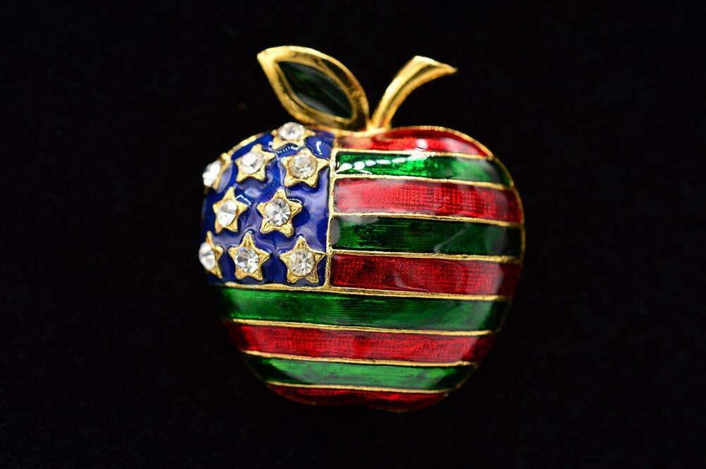 Statement Pin Brooch American Flag USA Apple Green Red Rhinestone Teacher BinF
